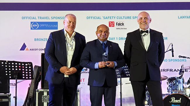 From left to right: Capt. Kuba Szymanski, Secretary General of InterManager; Prabhat Jha, Group Managing Director of MSC Shipmanagement; Mike Powell, Master of ceremonies 