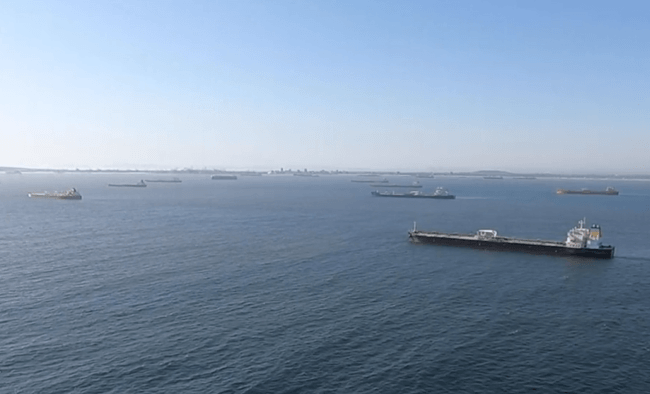 Large Number Of Tanker Vessels Wait At Anchor Off The Coast Of Southern California