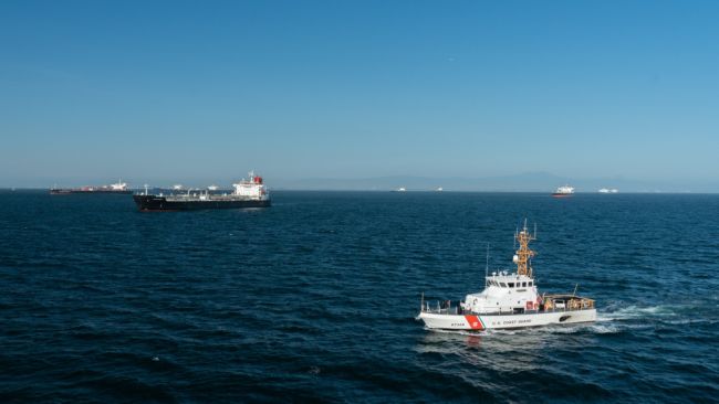 Large Number Of Tanker Vessels Wait At Anchor Off The Coast Of Southern California