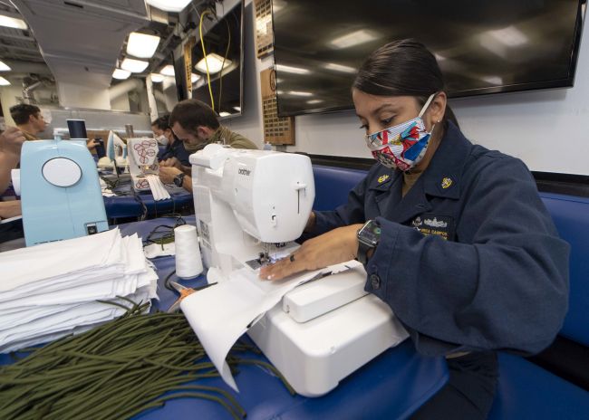 Sailors make cloth face masks