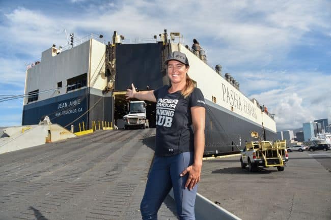 Solo ocean rower Lia Ditton prepares to board commercial ship M/V Jean Anne to travel back to California from Hawaii