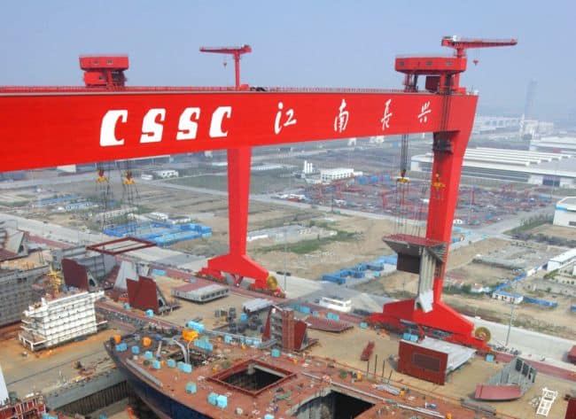 View of ships under construction at a shipyard of Jiangnan Shipyard (Group) Co., Ltd., a subsidiary of China State Shipbuilding Corporation (CSSC), on Changxing Island in Shanghai, 3 June 2008.  Chinas oldest shipbuilder, tJiangnan Shipyard (Group) Co., Ltd., completed the move to a new home on Tuesday (June 3) to make room for World Expo 2010. The shipbuilder moved from its Huangpu River site in Shanghai to Changxing Island on the mouth of the Yangtze River, which is set to become the worlds largest shipyard. Work on the 16-billion-yuan (2.3 billion US dollars) new shipyard started in 2005. It is the first phase of the Changxing shipbuilding base and has a production capacity of 4.5 million deadweight tons (DWT), with a 3.8-km coastline, four docks and three production lines.