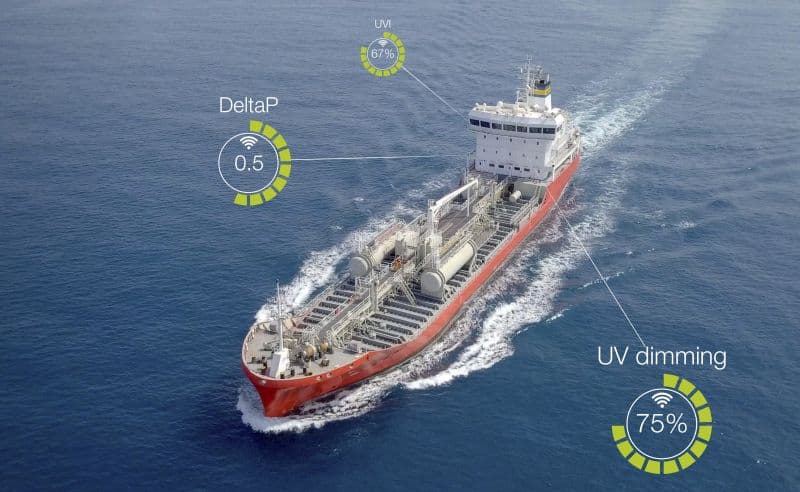 Aerial view of freight ship with cargo containers