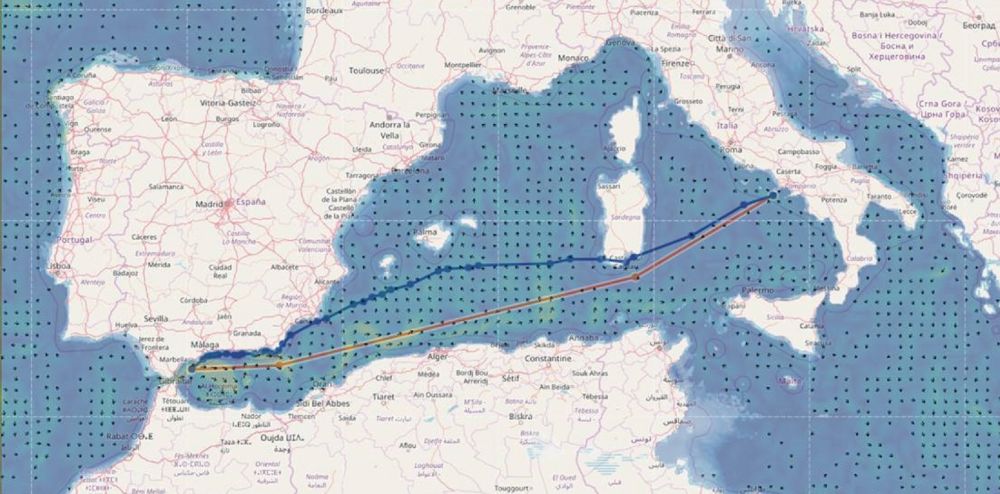 VoyOpt display showing optimized route between Spain and Italy