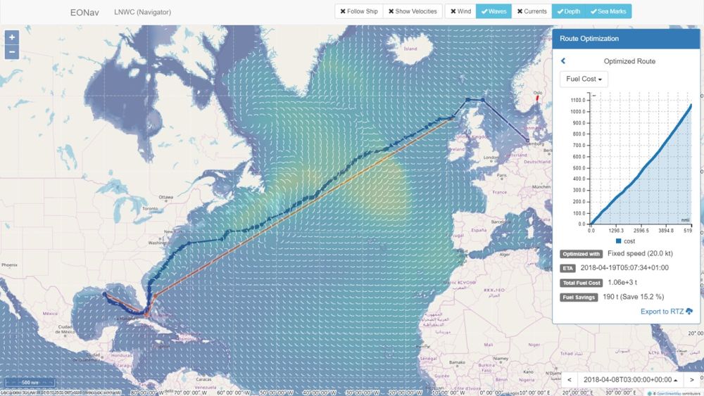 VoyOpt display showing optimized route from US to Germany