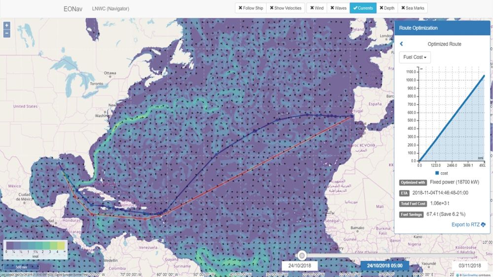 VoyOpt display showing optimized route from US to Lisbon
