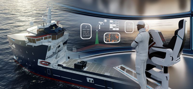 rendering of a smart bridge in which a mariner takes a remote supervisor role