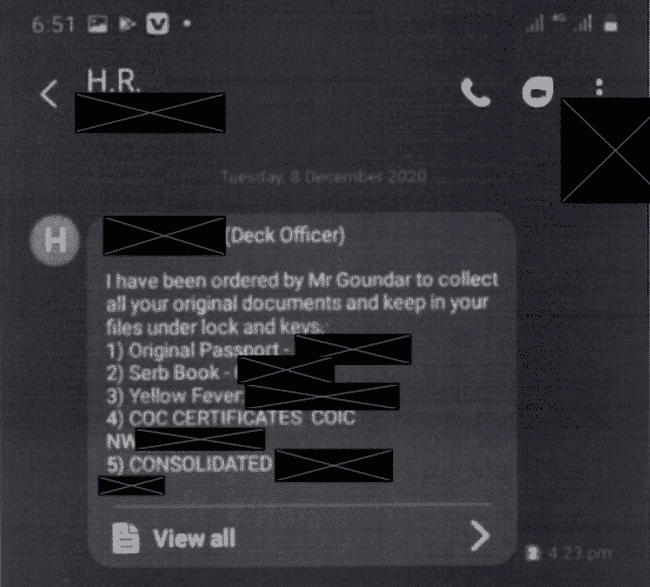 Messages show staff from Goundar Shipping telling seafarers to handover their travel documents