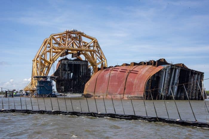The VB-10000 lifts Section Seven of Golden Ray wreck during removal operations on Monday. St. Simons Sound Incident response photo