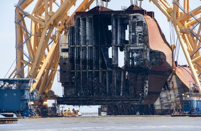 The VB-10000 lifts Section Seven of the Golden Ray wreck on Monday during operations to remove the section by barge. St. Simons Sound Incident response photo