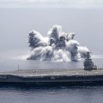 The aircraft carrier USS Gerald R. Ford (CVN 78) completes the first scheduled explosive event of Full Ship Shock Trials while underway in the Atlantic Ocean, June 18, 2021. The U.S. Navy conducts shock trials of new ship designs using live explosives to confirm that our warships can continue to meet demanding mission requirements under harsh conditions they might encounter in battle. (