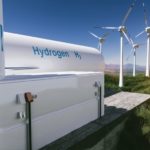 Hydrogen renewable energy production - hydrogen gas for clean electricity solar and windturbine facility. 3d rendering.