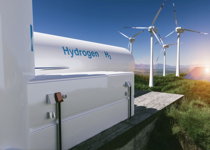 Hydrogen renewable energy production - hydrogen gas for clean electricity solar and windturbine facility. 3d rendering.