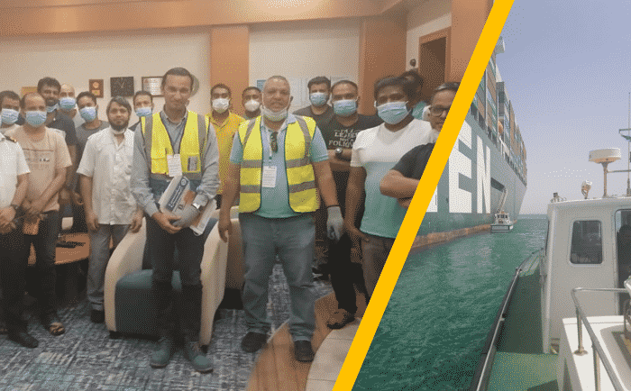 ITF representatives look out over Lake Bitter from onboard the MV Ever Given ​​​​​