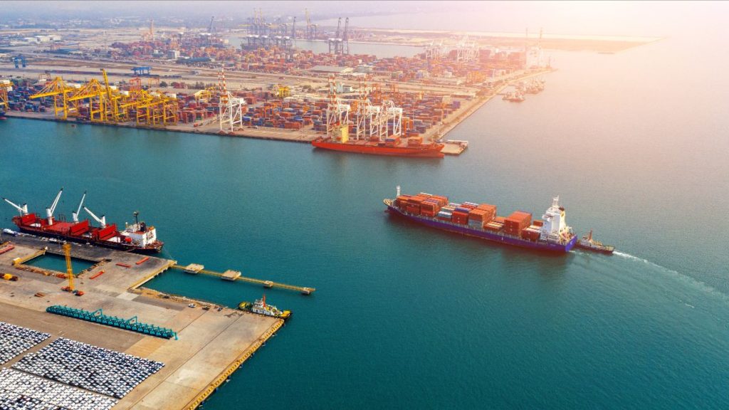 Containership sailing into port