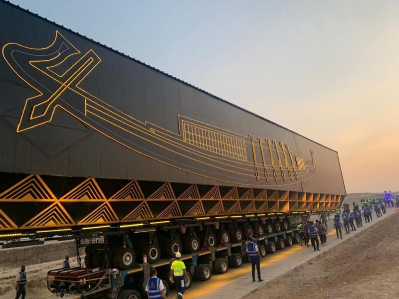 The first ship of King Khufu lined up on a lot of wheels
