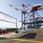 Ship-to-shore cranes dominate the wharf at LBCT. Long Beach Container Terminal Completion Celebration on Friday, Aug. 20, 2021, held at LBCT at Middle Harbor.