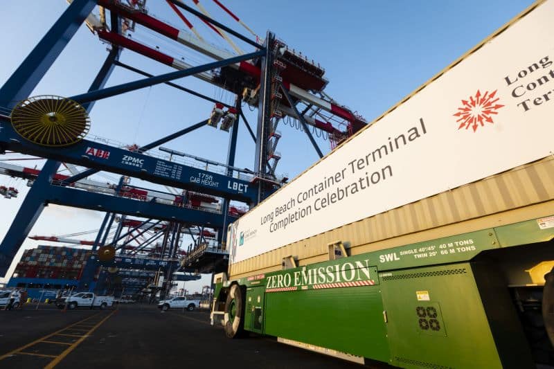 Ship-to-shore cranes dominate the wharf at LBCT. Long Beach Container Terminal Completion Celebration on Friday, Aug. 20, 2021,