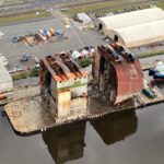 Loaded with Sections Three and Six of the Golden Ray wreck, the Barge Julie B continues sea fastening on Friday at Mayor’s Point Terminal in preparation to transit the sections to Louisiana. St. Simons Sound Incident response photo.