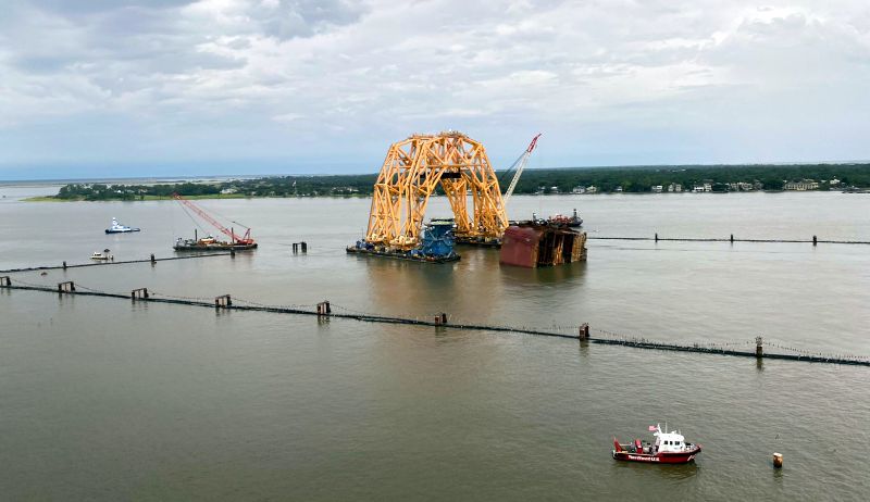 The VB-10000 shifts over Section Four, the remainder of the Golden Ray wreck on Friday. St. Simons Sound Incident response photo.