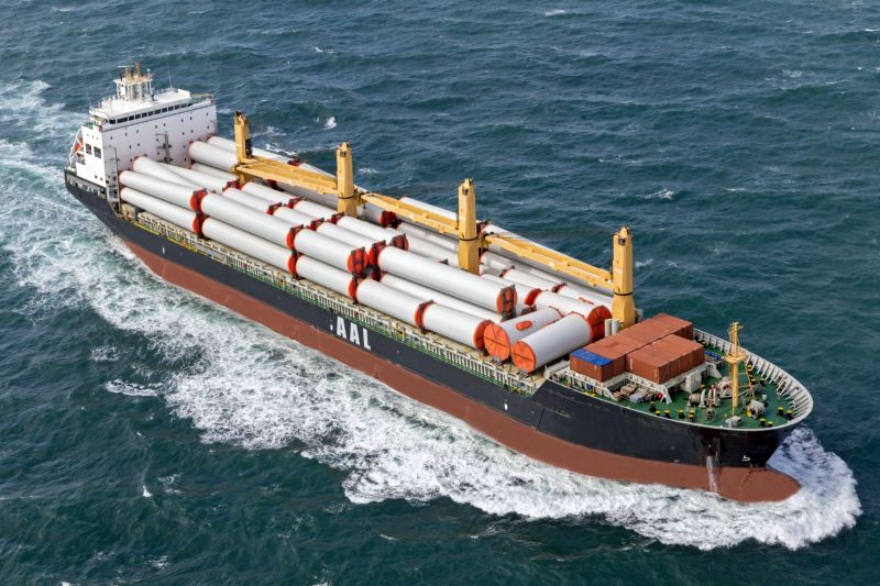 An AAL W-Class vessel at sail carrying project cargo.