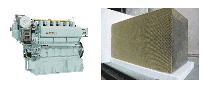 Yanmar 6EY22ALDF dual fuel engine; Right Hitachi Zosen's Methane Oxidation Catalyst
