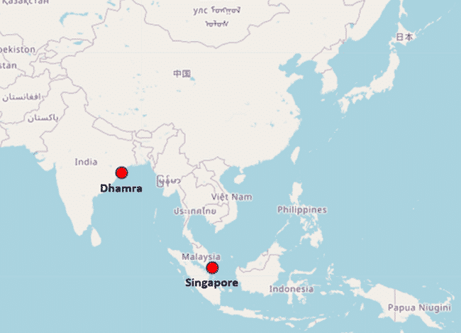 Map from Singapore to Dhamra