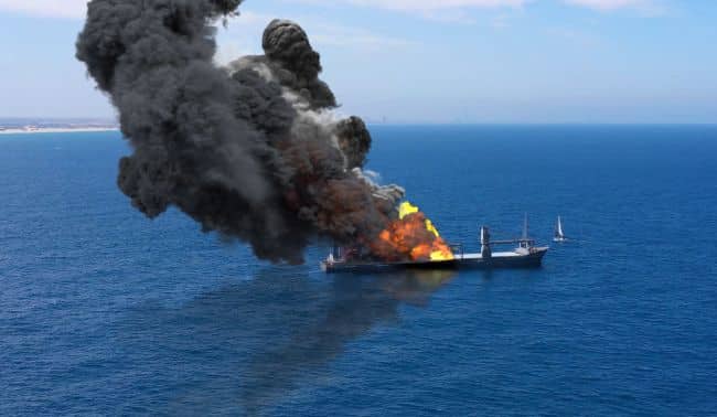 cargo ship on fire