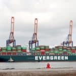 Container ship Ever Given of Evergreen loading and unloading in the Maasvlakte Harbor in Rotterdam
