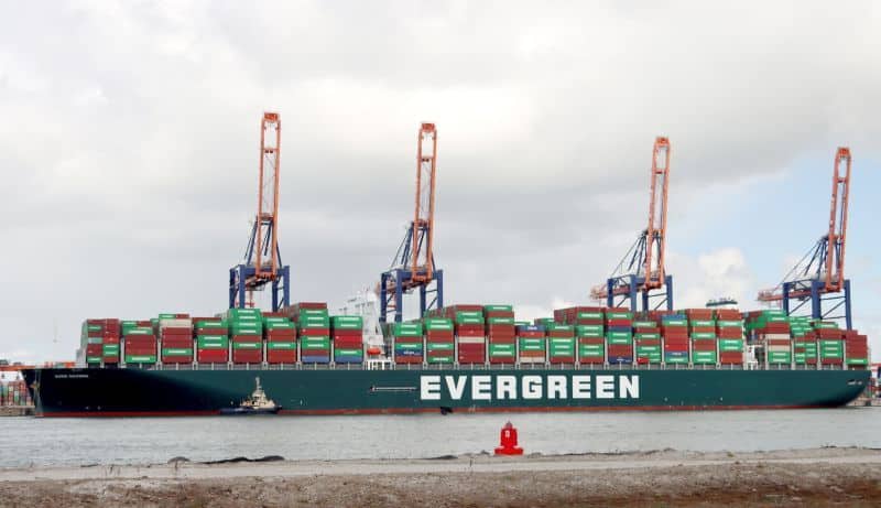 Container ship Ever Given of Evergreen loading and unloading  in the Maasvlakte Harbor in Rotterdam