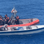 Coast Guard Cutter Kathleen Moore interdicted a drug smuggling go-fast vessel in the Caribbean Sea with 250 kilograms of cocaine and the crew apprehended two smugglers Sept. 25, 2021, in waters south of the Dominican Republic. The apprehended smugglers are two men, Dominican Republic nationals, and the seized cocaine is estimated to have a wholesale value of approximately $7.5 million dollars. The interdiction resulted from multi-agency efforts in support of U.S. Southern Command’s enhanced counter-narcotics operations in the Western Hemisphere and coordination with the Caribbean Corridor Strike Force.