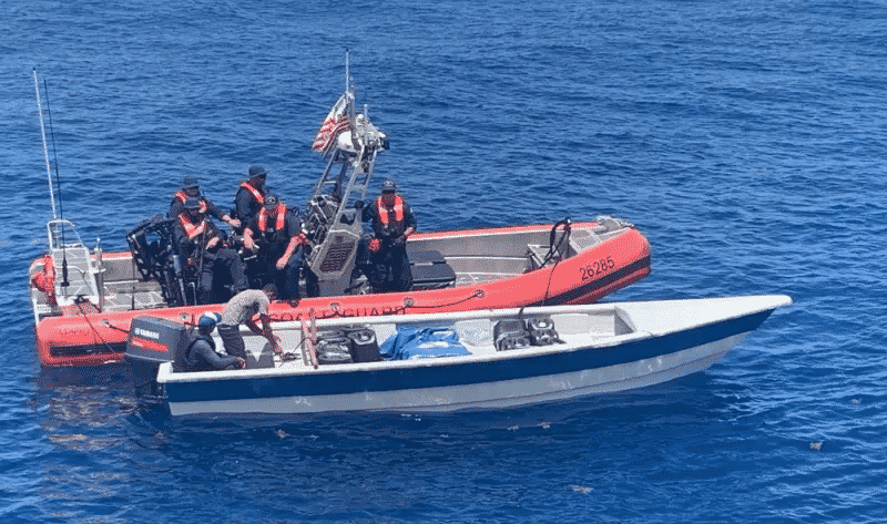 Coast Guard Cutter Kathleen Moore interdicted a drug smuggling go-fast vessel in the Caribbean Sea with 250 kilograms of cocaine and the crew apprehended two smugglers Sept. 25, 2021, in waters south of the Dominican Republic. The apprehended smugglers are two men, Dominican Republic nationals, and the seized cocaine is estimated to have a wholesale value of approximately $7.5 million dollars. The interdiction resulted from multi-agency efforts in support of U.S. Southern Command’s enhanced counter-narcotics operations in the Western Hemisphere and coordination with the Caribbean Corridor Strike Force. 