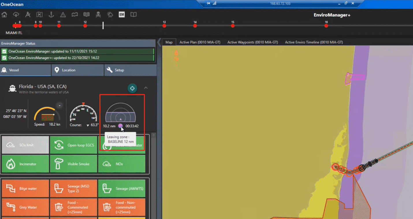 The Environmental Planner indicates to users when they are expected to exit zones such as territorial waters and ECA zones based on their current speed. In this image, the vessel is expected to exit territorial waters in 33 minutes