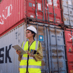 Lady port worker with maersk containers