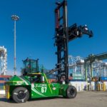 A Taylor electric zero-emissions “top-handler” at Pacific Container Terminal on Pier J in the Port of Long Beach. Marine terminal operators and longshore workers at the Port are demonstrating cleaner cargo-handling equipment at every terminal.