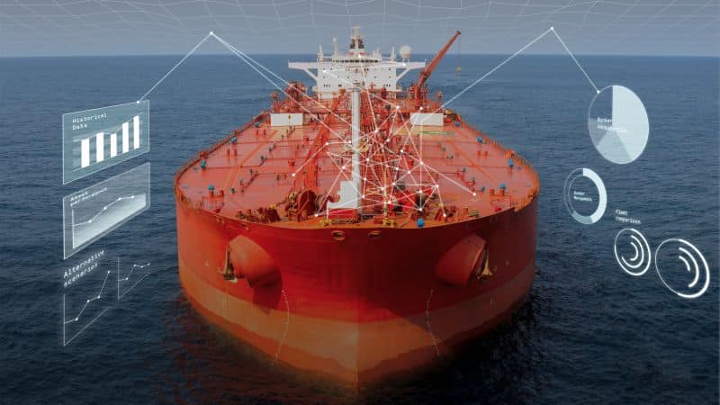 Aerial photo of a large loaded container ship.