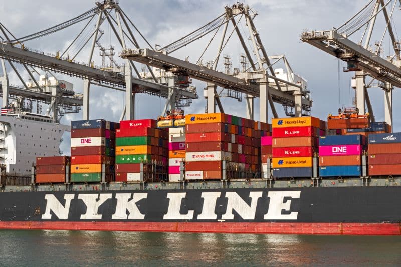 Nyk Line container ship is being loaded by cranes in the Port of Rotterdam. The Netherlands - September 8, 2019