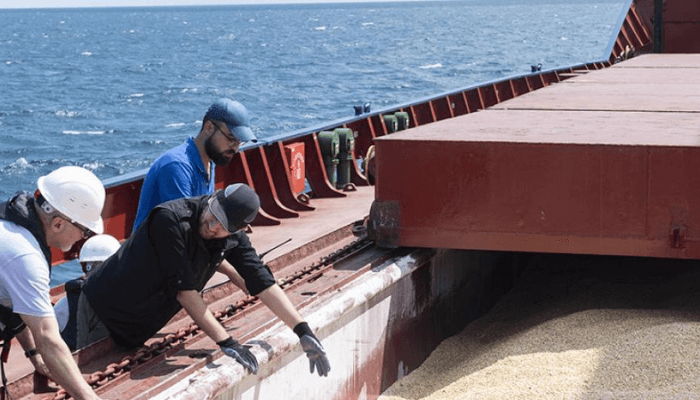 A joint civilian inspection team visited the merchant vessel Razoni