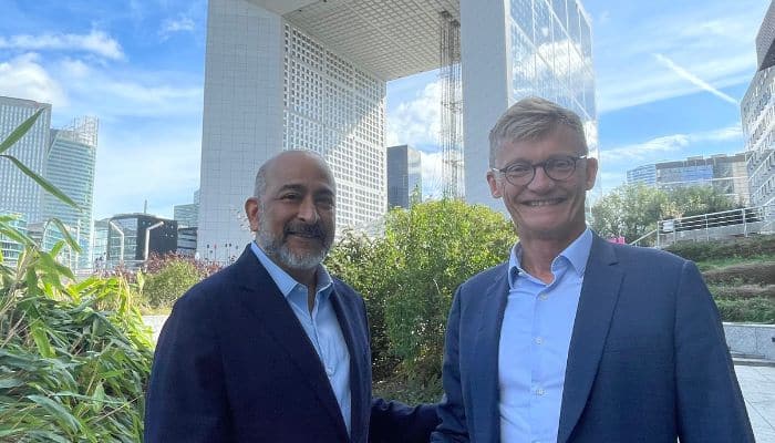 Ali Riaz, CEO of OrbitMI, photographed with Matthieu de Tugny, President, Marine & Offshore at Bureau Veritas