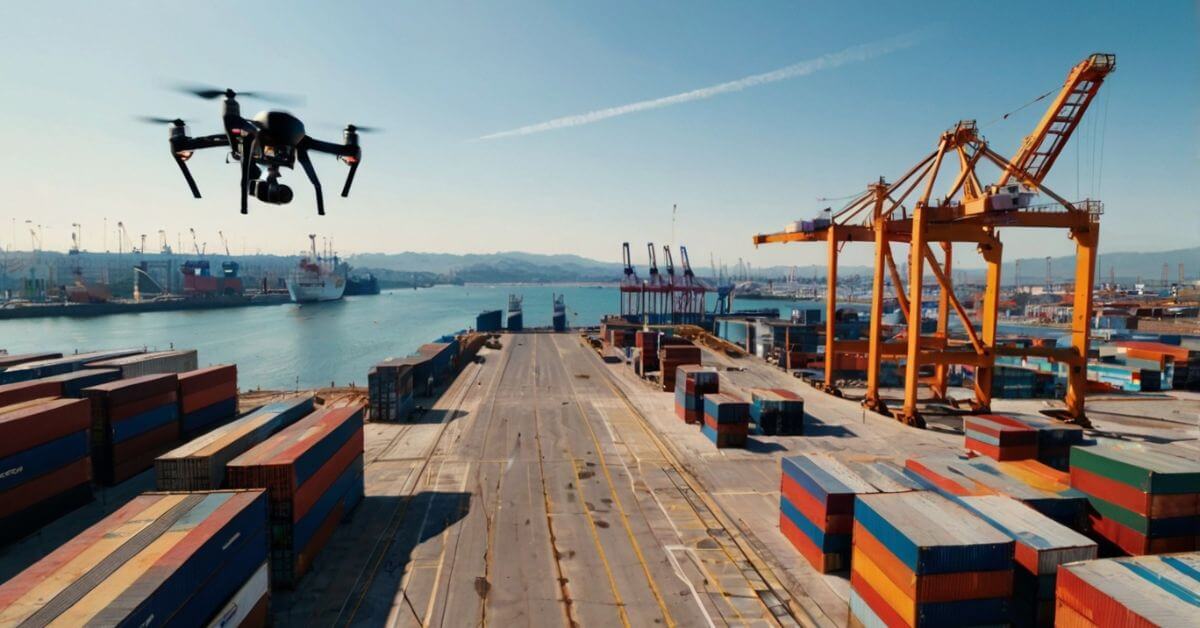 Drone flying over port