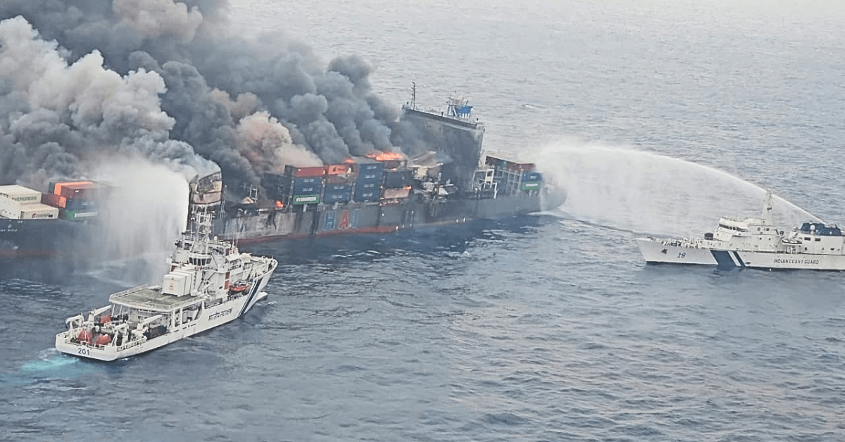 burning cargo ship